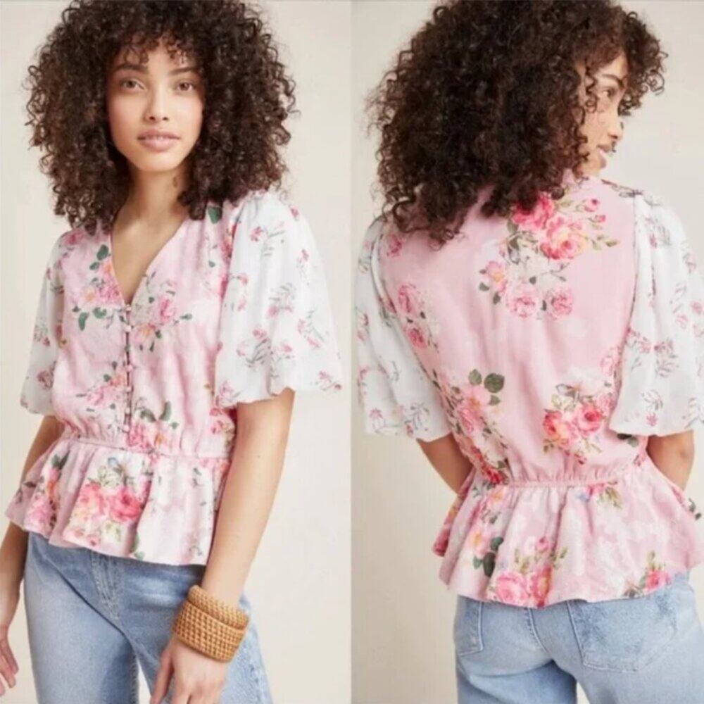 Anthropologie Hemant & Nandita Pink Floral Rose Garden Puff Sleeve Blouse